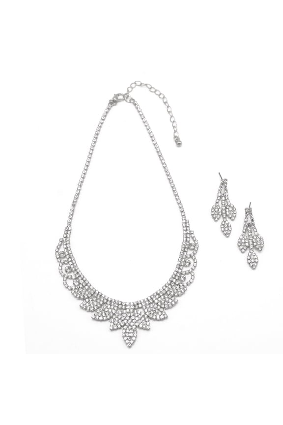 Silver Rhinestone Crystal Necklace And Earrings Set