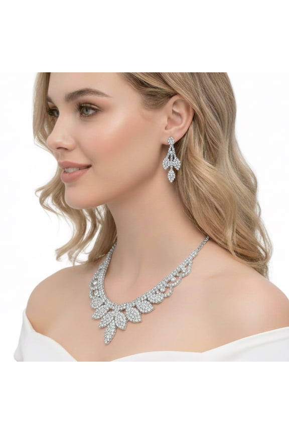 Women's Silver-Tone Rhinestone Statement Necklace & Earring Set | Elegant Bridal, Formal & Party Fashion Jewelry Set