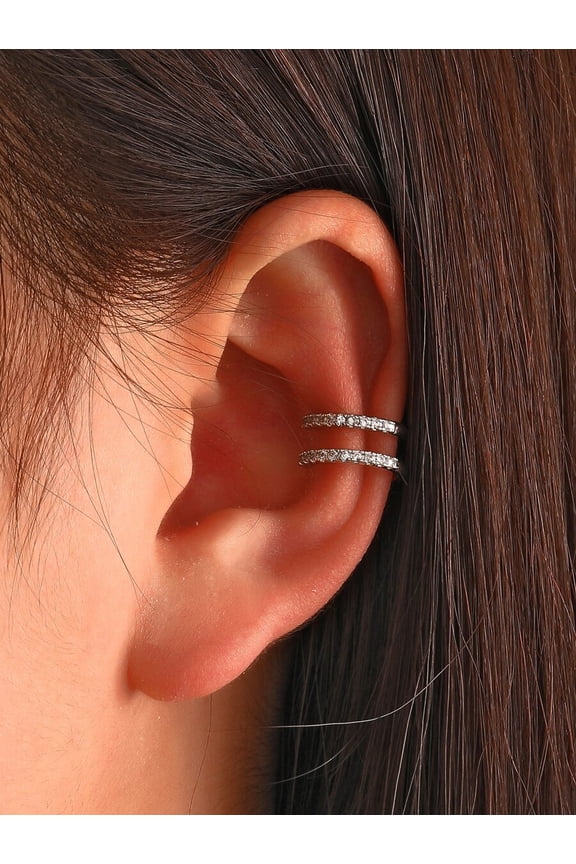 Silver Rhinestone Double Band Clip-On Ear Cuff For Women And Men
