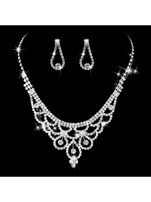 Silver Rhinestone Elegant Fashion Jewelry Set Luxury Wedding Bridal Jewelry Set for Women Necklace Earring Set