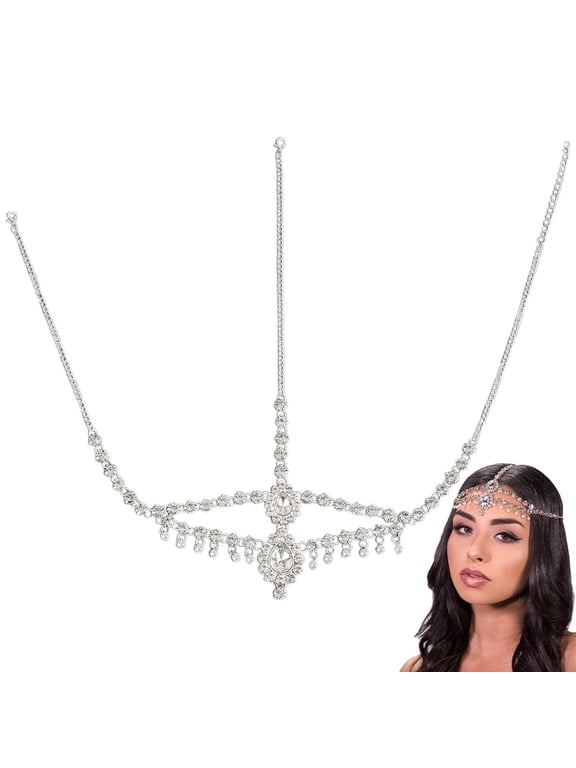 Silver Rhinestone Head Chain Double Layers Forehead Chain with Pearl Pendant Gem Flapper Headpiece Boho Hair Jewelry Accessories for Women Wedding Party Belly Dance Cosplay 1set
