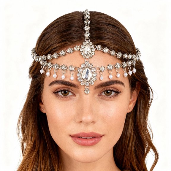 Silver Rhinestone Head Chain Double Layers Forehead Chain with Pearl Pendant Gem Flapper Headpiece Boho Hair Jewelry Accessories