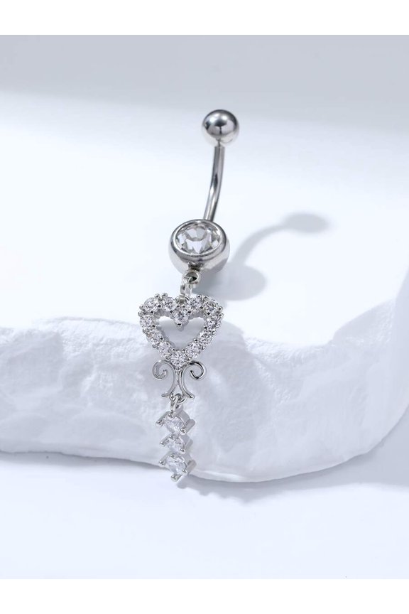 Silver Rhinestone Heart Dangle Curved Barbells Belly Ring For Women