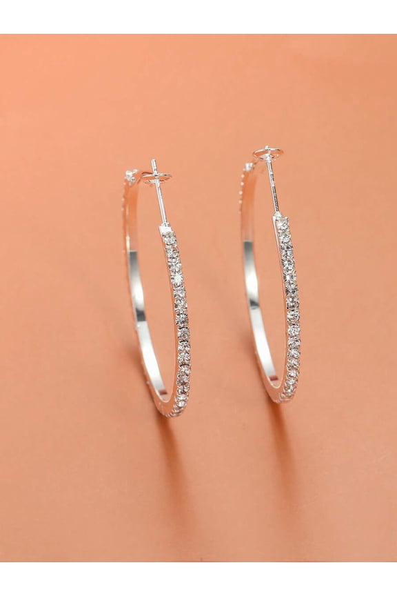 Silver Rhinestone Hoop Earrings For Women, Geometric Round Shape, Casual Party Night Out Jewelry