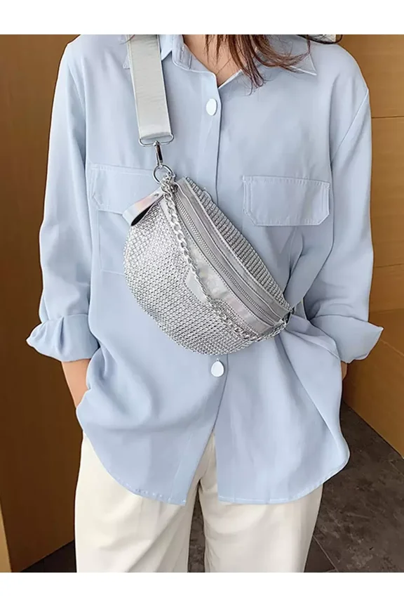 Silver Rhinestone Mesh Fanny Pack With Chain Detail