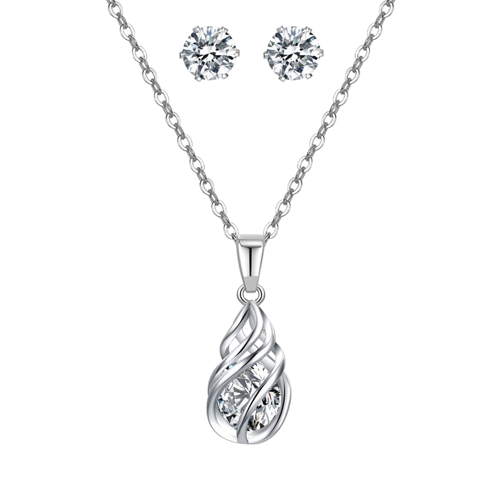 Silver Rhinestone Necklace Earrings Set Geometric Shape Pendant Jewelry Necklace For Women Girls