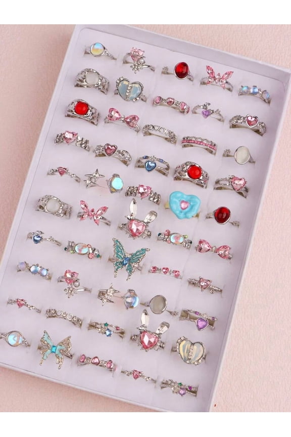 Silver Rhinestone Pinky Ring Set – 10pcs Adjustable Butterfly Heart Star Design Fashion Stackable Jewelry