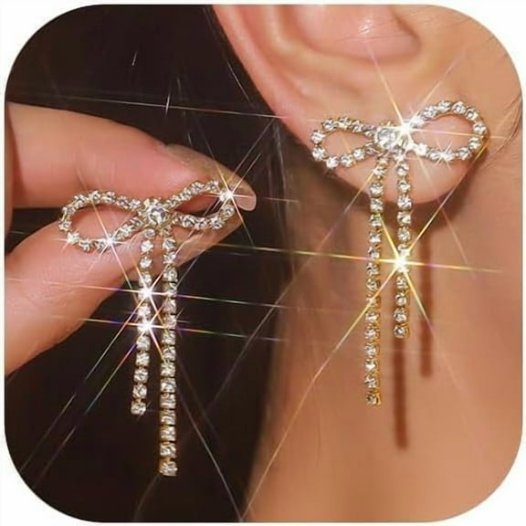 Silver Rhinestone Prom Earrings for Women Bow Earrings for Women Trendy Silver Sparkly Dangle Bow Stud Earrings Prom Dresses Outfit Jewelry Gifts
