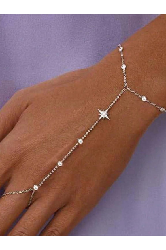 Silver Rhinestone Star Hand Chain Bracelet For Women
