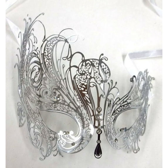 Silver Rhinestone Swan Laser Cut Venetian Mask Masquerade Metal Filigree