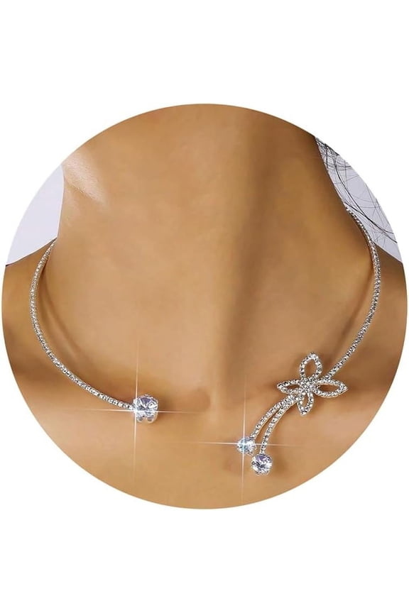 Silver Rhinestone Tennis Necklaces For Women, Dainty Adjustable Layered Twist Rope Cubic Zircon Diamond Butterfly Necklace, Iced Out Heart Jewelry Gifts[o7546]