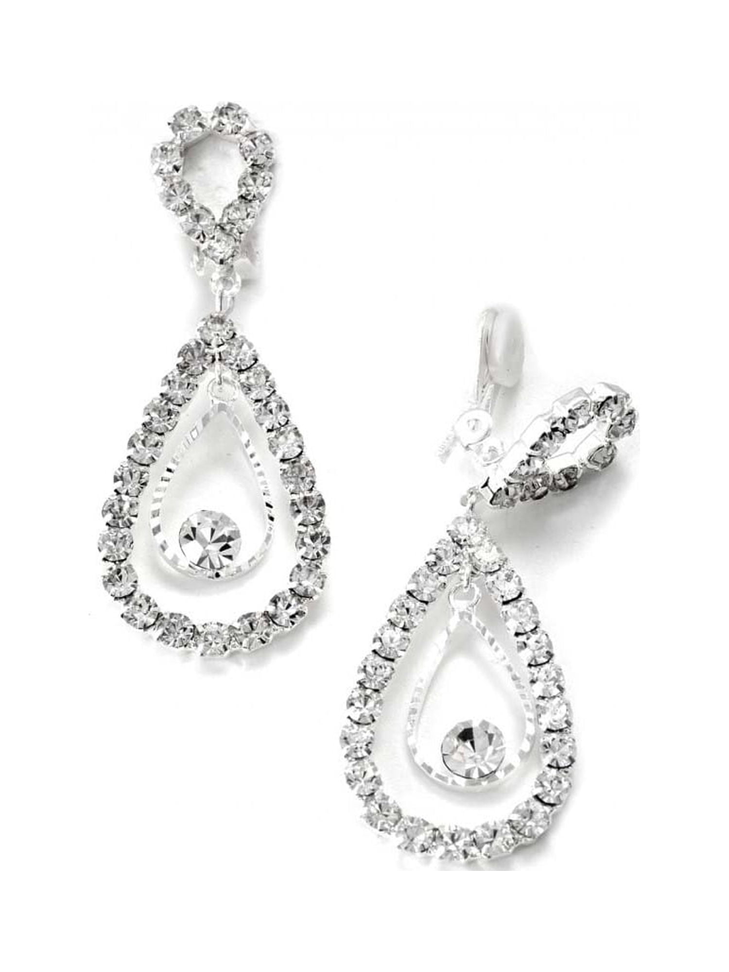 COOLCRYSTALS Silver Rhinestone Two Layer Teardrop Pear Dangle Clip Earrings