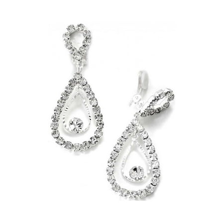 Silver Crystal Rhinestone Two Layer Teardrop Pear Dangle Clip Earrings