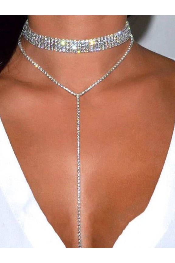 Silver Rhinestone Y-Lariat Choker Necklace With Double Strand Design