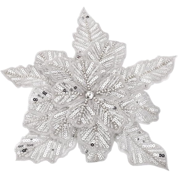 Silver Rhinestones Applique Sewing Beads Sequin Lace Patches 13.1x13.5inch 3D Layering Lace Beads Star Patches Sequins Star Lace Appliques for Wedding Dresses DIY Decorative Clothes Silver