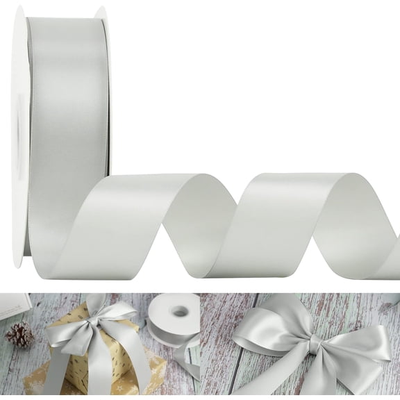 Silver Ribbon Satin 1-1/2" Wide Double Face Polyester Satin Ribbons for Crafts, Thick Silk Ribbon for Gift Wrapping Hair Bows Floral Bouquet Cake Box Christmas Decor Party Favor - 50 Yards