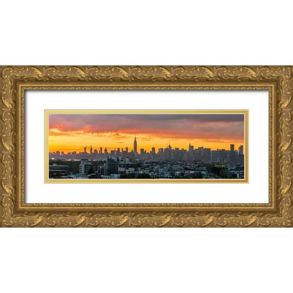 Silver, Richard 24x11 Gold Ornate Wood Framed with Double Matting Museum Art Print Titled - Manhattan Skyline from Brooklyn