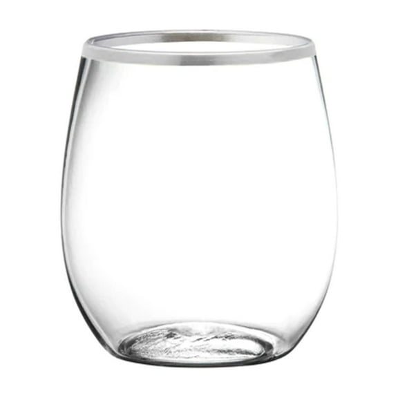 Silver Rim Stemless Plastic Wine Glasses Goblet 12 oz - Elegant Goblet Perfect For Parties