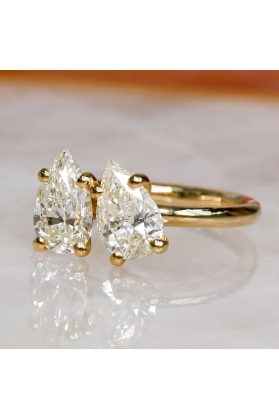 Silver Ring For Women's 2Ct Pear Cut Lab Created Diamond Two Stone Engagement Ring 14K Yellow Gold Plated
