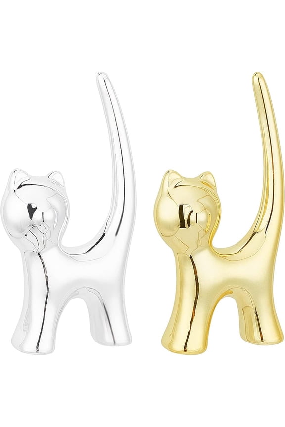 Silver & Ring Holder 2 Pcs Porcelain Cat Home Display Decorations for Jewelry Display Great Birthday Wedding Festival Gifts 2.3x1x4 inch
