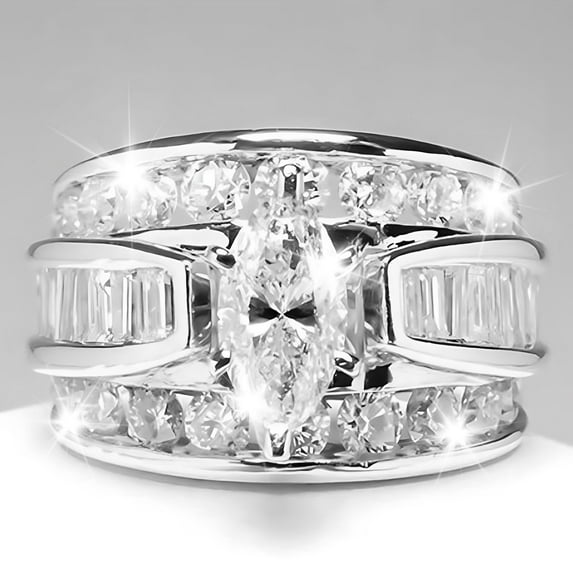 Silver Rings, Plated Zirconia Ring, Plated Premium Cubic Zirconia Square Ring for Women - Unique Wavy Promise and Fake Wedding Ring