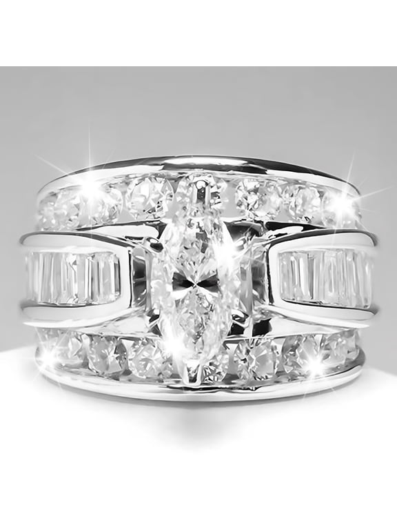 Silver Rings, Plated Zirconia Ring, Plated Premium Cubic Zirconia Square Ring for Women - Unique Wavy Promise and Fake Wedding Ring