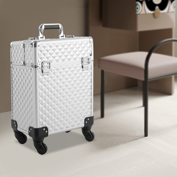 Silver Rolling Makeup Case, PVC Fireproof Board & Aluminum Alloy Material, Modern Rectangular Style for Makeup Artists & Stylists