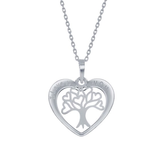 Silver Roots I Love U Mom Heart Shape with Tree of Life Charm Pendants Necklace
