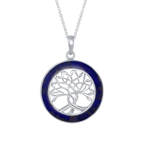 Silver Roots Sterling Silver Blue Lapis Inlay Border Tree of Life Open Disc Pendant Necklace
