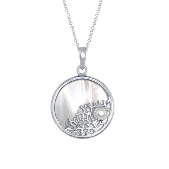 Silver Roots Sterling Silver Tree of Life Branch with Small Pearl Round MOP Pendant Necklace