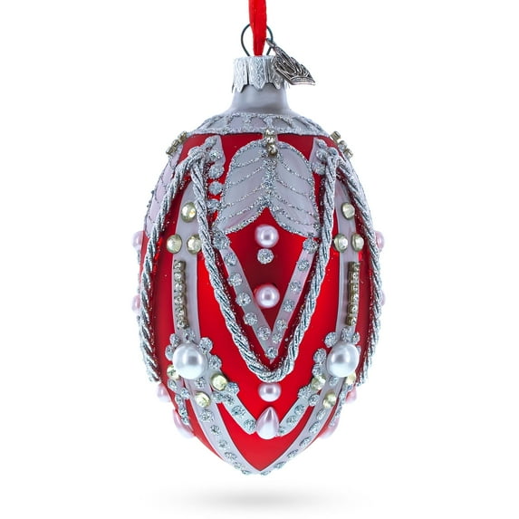 Silver Ropes on Red Glass Egg Christmas Ornament 4 Inches