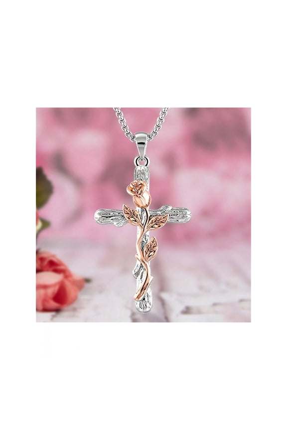 Silver Rose Cross Flower Leaf Pendant Necklace For Women, Classic Symbolic Jewelry Gift