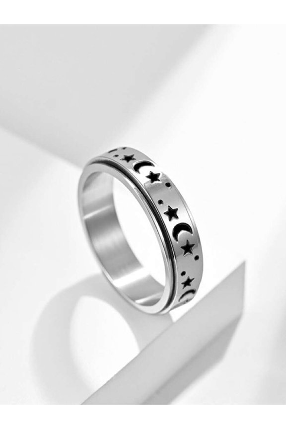 Silver Rotatable Star And Moon Spinner Ring For Men Daily Wear Jewelry