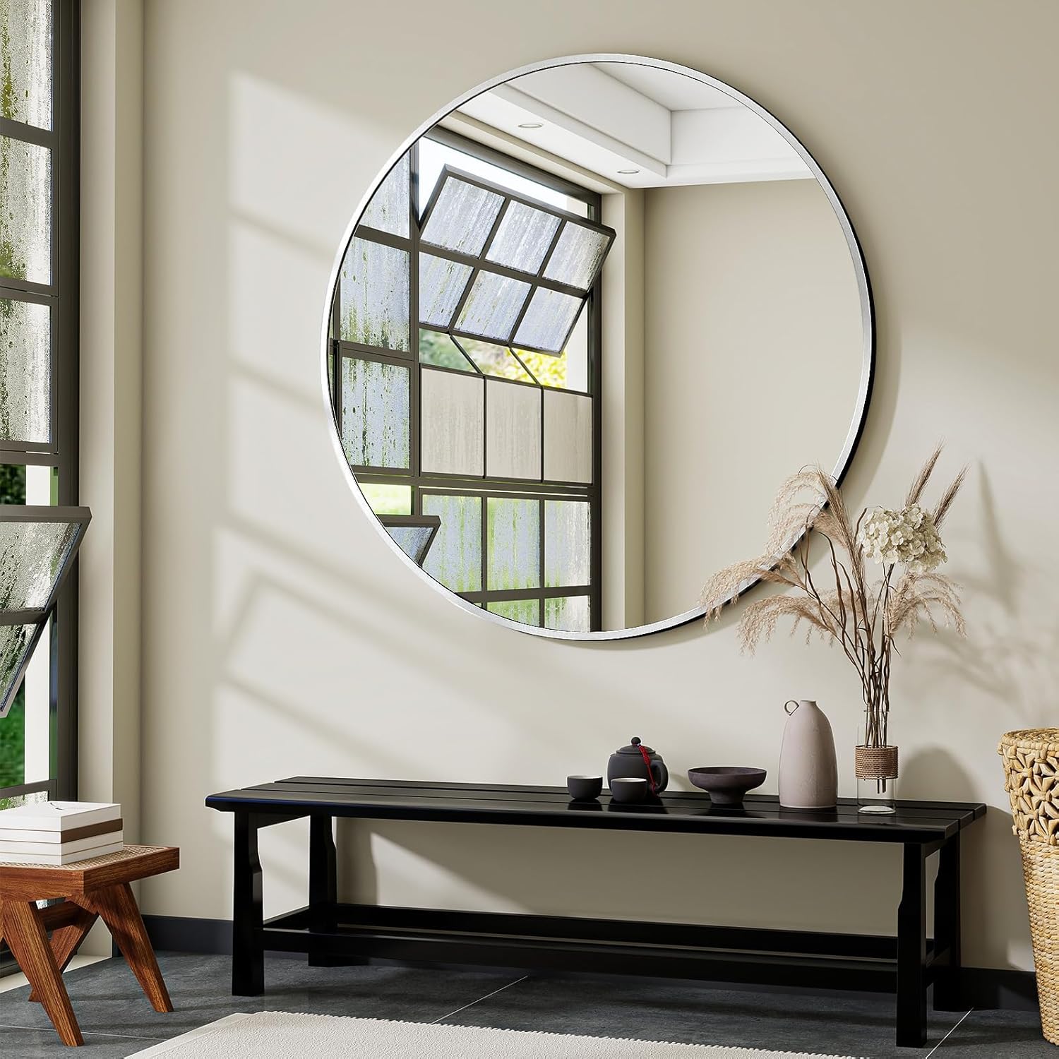 Silver Round Bathroom Mirror, 48 inch Large Circle Wall Mounted Hanging ...