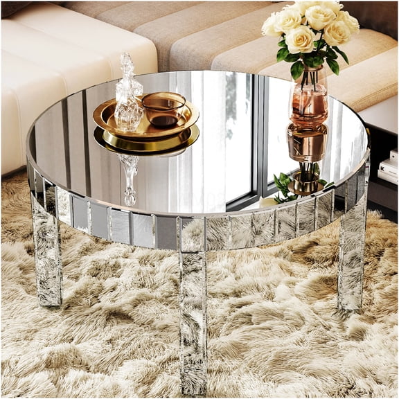 Silver Round Coffee Table with Starburst Mirror Top, Modern Living Room Center Table, Luxury Glass Accent Table for Sofa