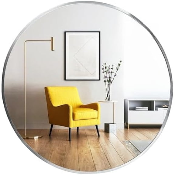 Silver Round Mirror, Silver Round Mirror 24 inch, Circle Bathroom Mirrors Metal Frame, Circle Mirrors for Wall, Over Sink, Bathroom, Living Room, Vanity.