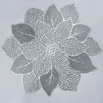 Silver Round Placemats for Dining Table Set of 6 Pressed Vinyl Metallic Table Mats Hollow Out Hibiscus Flower Place Mats for Dinner Table Decor Holiday Wedding Accent Centerpiece