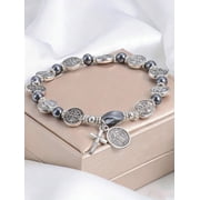 Silver Saint Benedict Medal Beaded Charm Bracelet With Cross Pendant