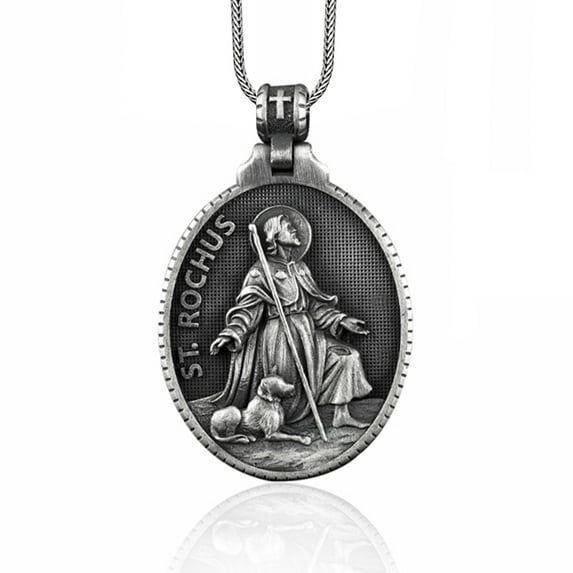 Silver Saint Roch Patron Men Necklace, St Roch Against Plague Medallion, Religious Silver Charm, Christian Saint Mens Jewelry, Saint Pendant