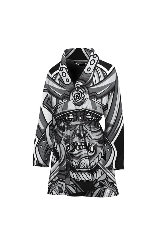 Silver Samurai Mask Women Bathrobe One Size Univeral Fits, Samurai Fashion Lightweight Plush Fleece Long Robe For Women