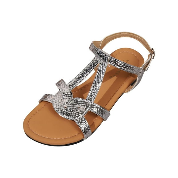 Silver Sandals For Womens Round Toe Open Toe Buckle Closure Flat Heel Design Solid Color For Casual Wear And Outdoor Use In Spring Summer Size 36