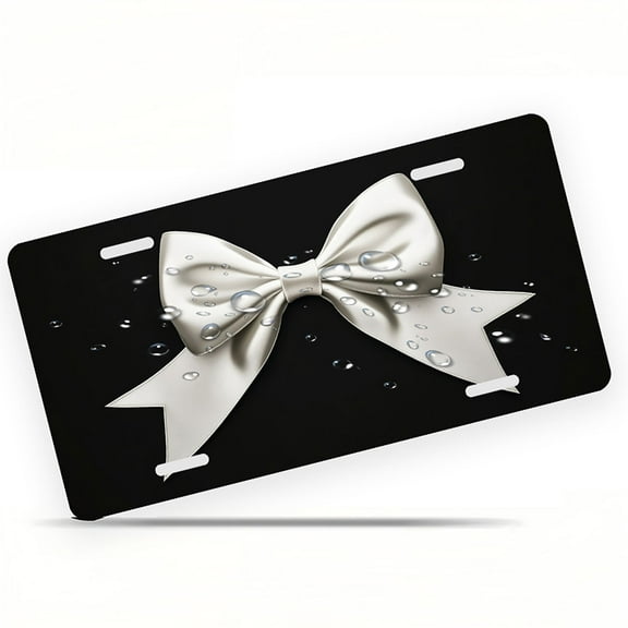 Silver Satin Bow Front License Plate, Metal License Plate, Funny Standard Plates Personalized Novelty Decorative For Men/Women/Boys/Girls Car 6×12 Inch