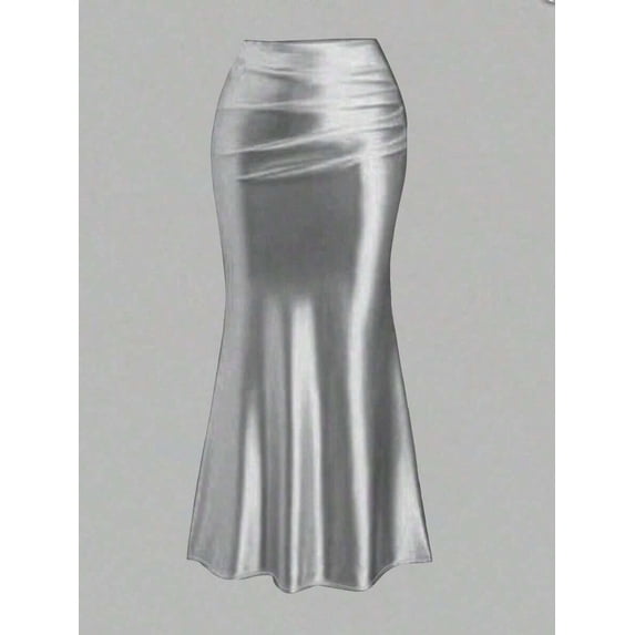 Silver Satin Mermaid Skirt, Bodycon Fit With Draped Waist