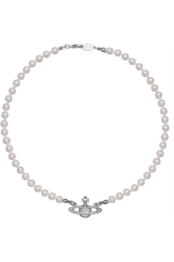 Silver Saturn Pearl Choker, Pearl Bead Crystal Rhinestone Saturn Planet