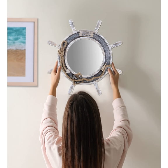 Silver Sea Beach Wall Decor Nautical Ship Wheel Mirror - Handcrafted Wooden Ship Wheel Mirror with Hanger, Nautical Themed Home Decor, Decorative Ornament