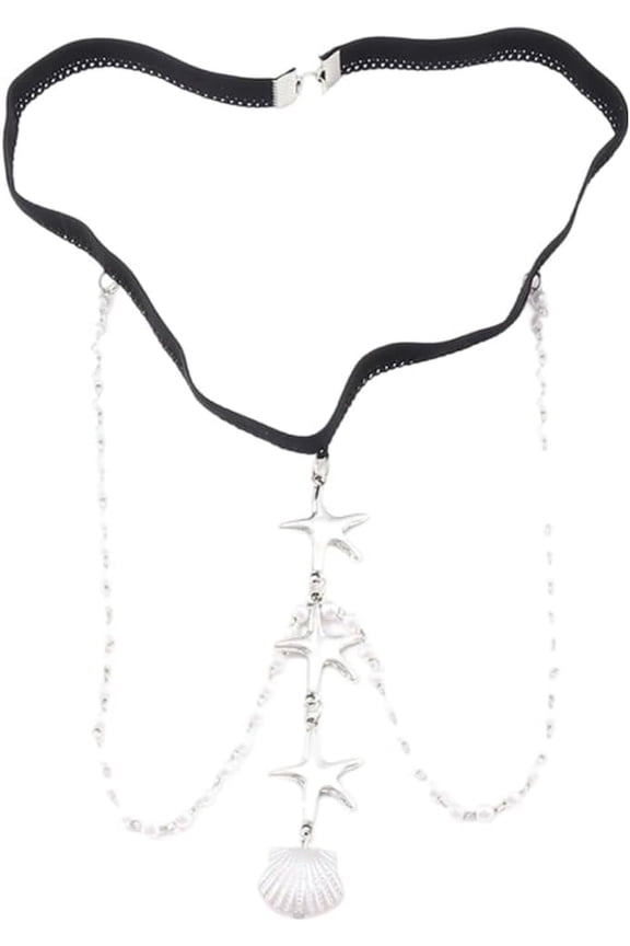 Silver Seashell Star Pearl Body Chain Layered Goth Tassel Bohemia Shell White Beaded Balck Lace Cross Gothic Leg Boho Summer Rave Bikini Thigh Chain for Women Body Jewelry Beaches Parties