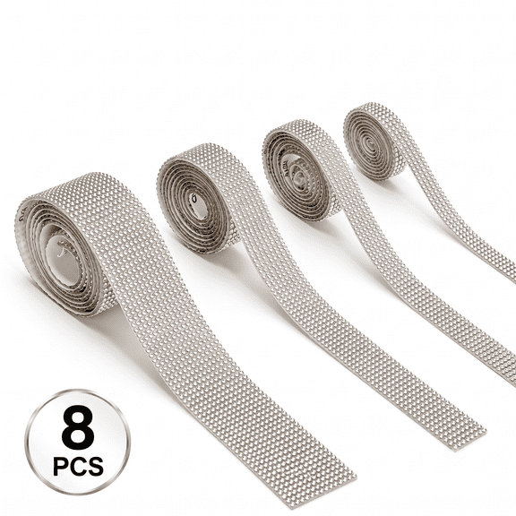 Silver Self-Adhesive Rhinestone Ribbon - 1 Yard Each for DIY Crafts,Wedding Decor,and Gift Wrapping,8 Rolls