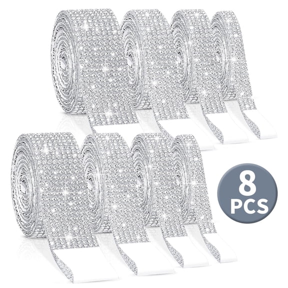 Silver Self-Adhesive Rhinestone Ribbon - 1 Yard Each for DIY Crafts,Wedding Decor,and Gift Wrapping,8 Rolls