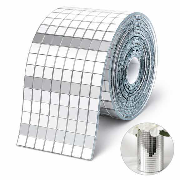 Silver Self‑Stick Glass Mosaic Roll, 5x5mm Tiny Square Mirror Pieces, 1.6 x 47.2 Inch Acrylic Backed Flexible Strip for DIY Handcrafts, Home Accent & Party Decor