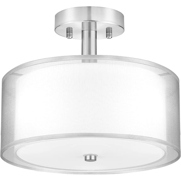 Silver Semi Flush Mount Ceiling Light Fixture, 3-Light Drum Light with Double Fabric Shade, Modern Close to Ceiling Lamp for Living Room, Bedroom, Dining Room, Kitchen, Hallway, Entry, Foyer